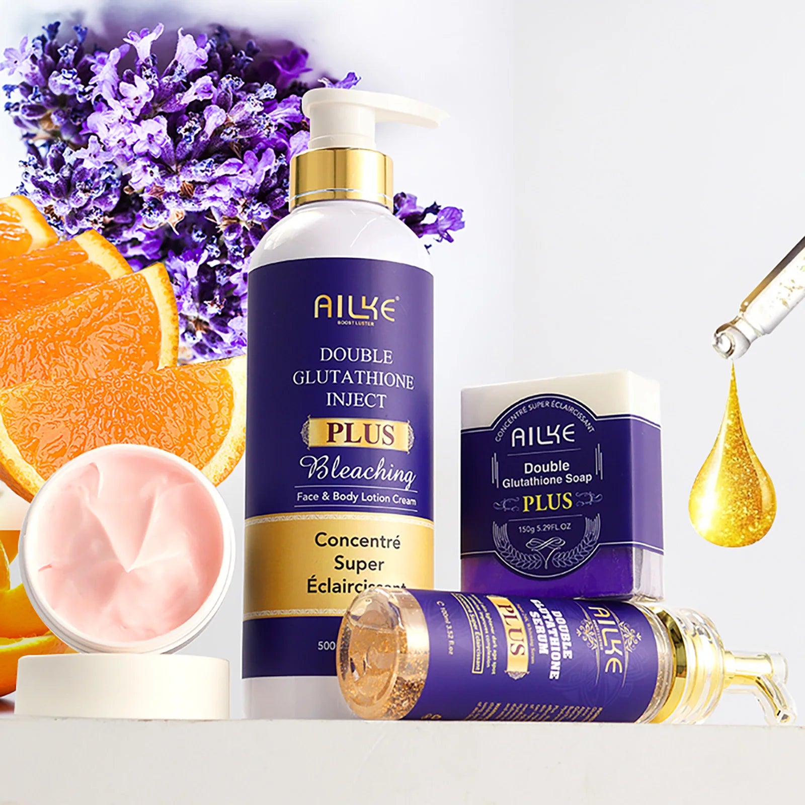 AILKE Double Glutathione PLUS Whitening Skin Care Set, Moisturizing, Reduce Dark Spots, Freckles, Melasma, Hyperpigmentation