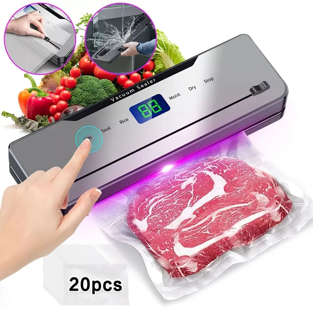 Automatic Vacuum Sealer Machine 5 Modes Dry Moist Rice Seal with Built-in Cutter, Compact One Touch Food Sealer for Sous Vide & Wet Dry Food Storage, Include 20Pcs Vacuum Sealer Bags