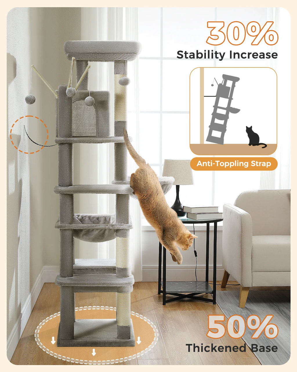 Sturdy Multi-Level Cat Tree Tower with Natural Sisal Scratching Posts,Cozy Hammock&Condo, Large Top Perch, and Fun Dangling Ball