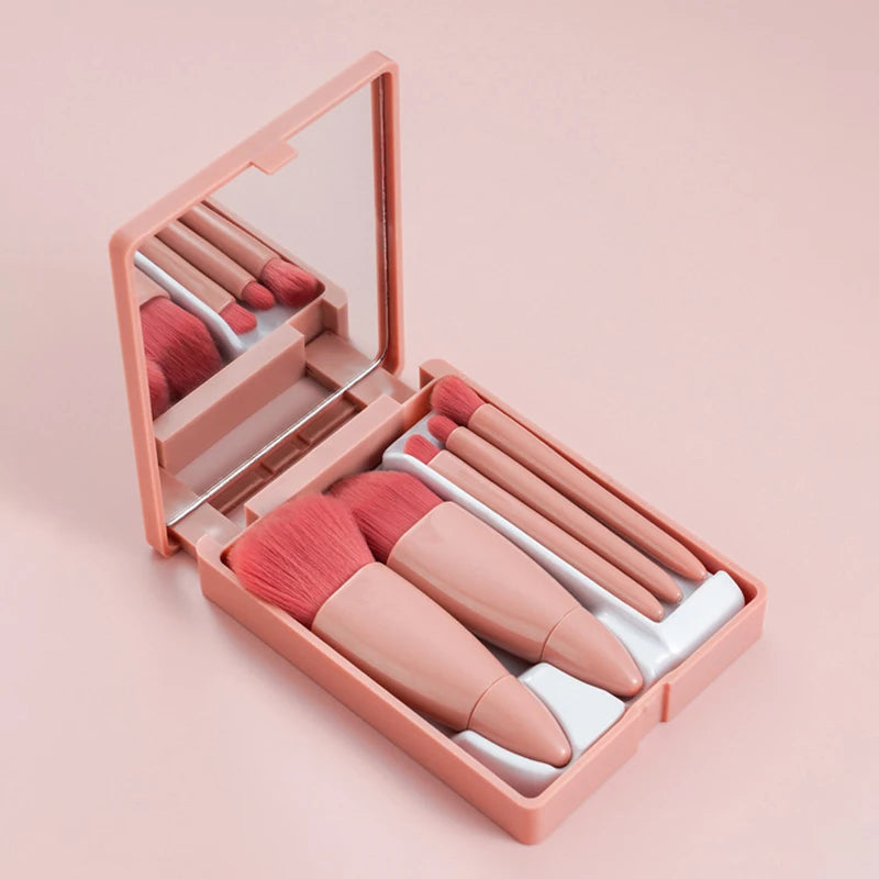 【SSummer10】5Pcs Travel Mini Makeup Brushes Set with Case Mirror - Small Complete Function Cosmetic Kit【SS】