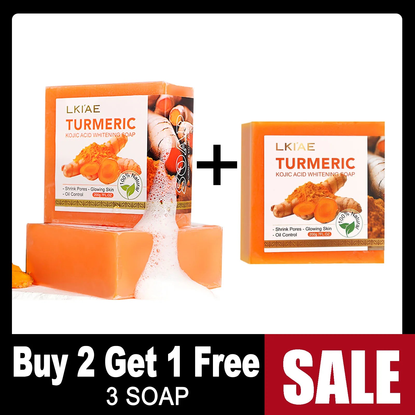 LKIAE Organic Turmeric Soap, Handmade, Whitening, for All Skin Types, Remove Black Spots, Melanin, Acne, For Face, Body, 200g