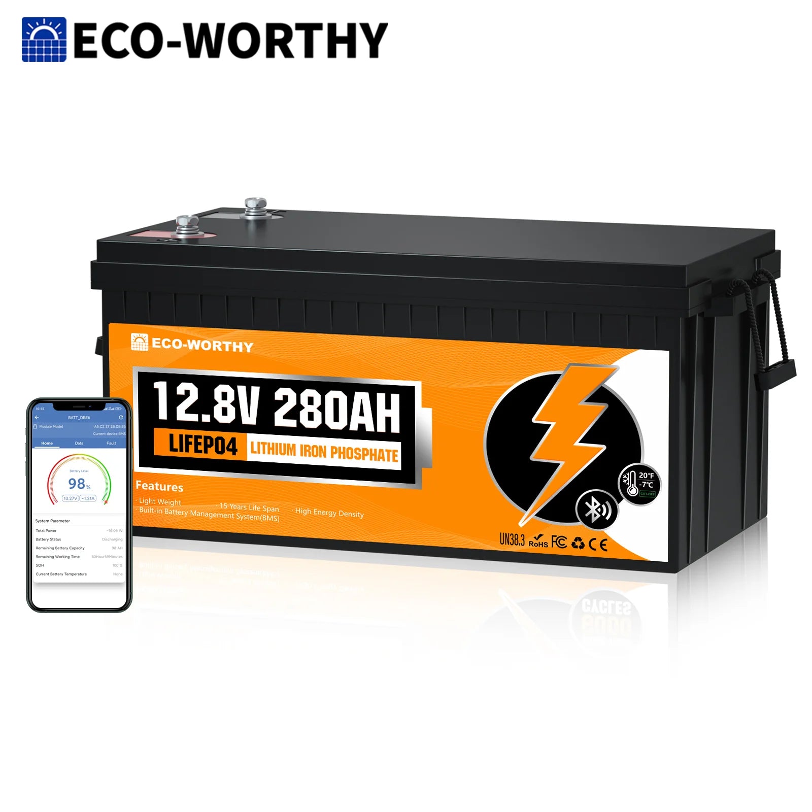ECO-WORTHY 3584Wh 12V 280Ah Metal Case LiFePO4 Battery w/Bluetooth & Low Temp Cutoff - Built-in 200A BMS - Deep Cycle for Camper, Traile