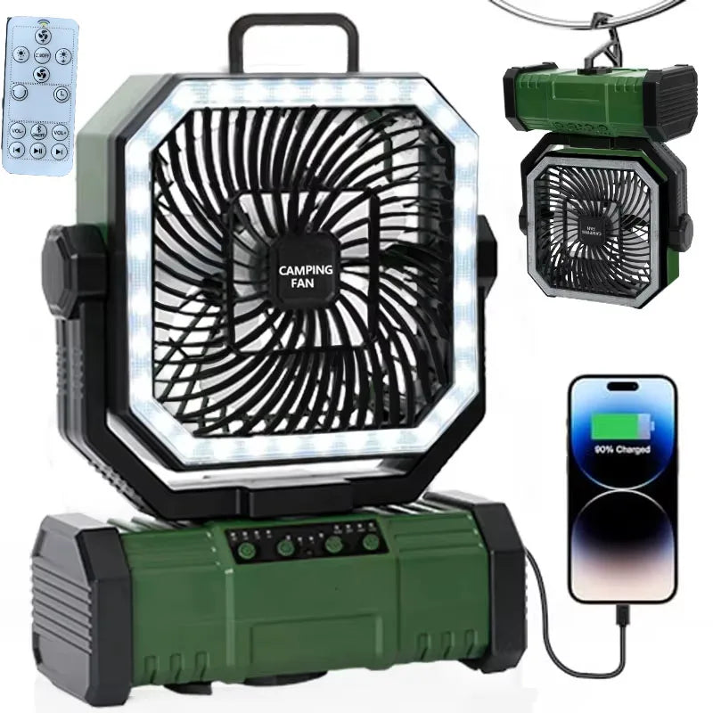 Outdoor Camping Fan 20000mAh Rechargeable Fan with LED Lantern & Remote for Fishing Travel, 4 Speeds 8H Timer, Hanging Hook Bluetooth Fan