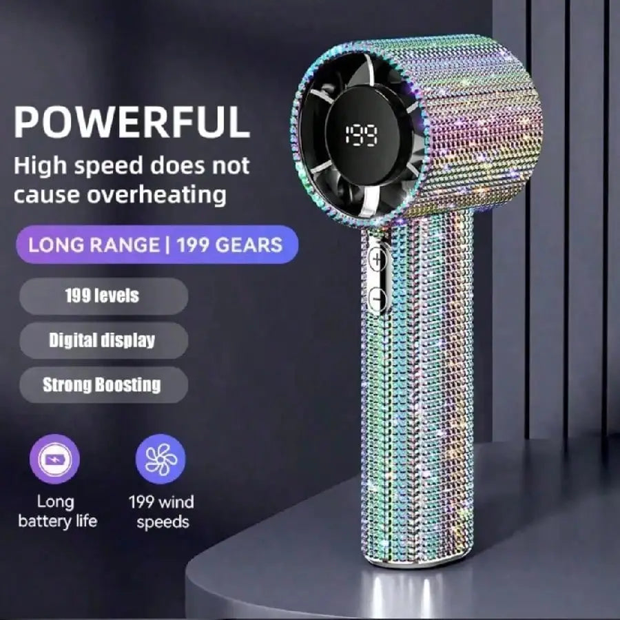 Encrusted Mini Handheld Electric Fan, Luxury USB-C Rechargeable Quiet Turbo Fan, 1800mAh Battery, Adjustable Speed, Elegant Summer Gift Box For Women, Suitable For Office, Commute And Travel,Outdoor,Garden,Travel Essentials,P