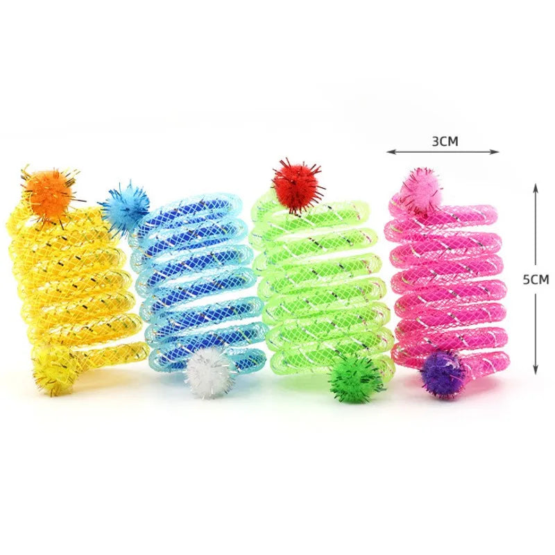 Flexible Spring Mesh Cat Toy with Pom Pom Balls, Colorful Bendable Coil Tube Interactive Kitten Play Toy