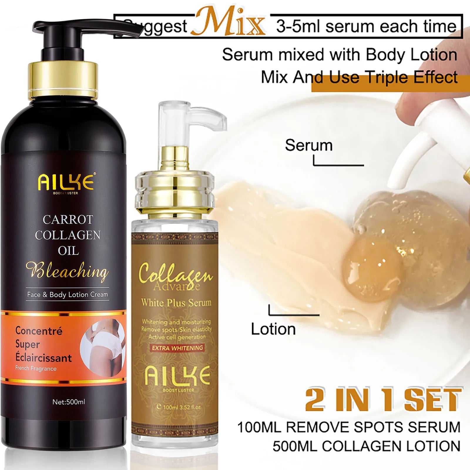 AILKE Whitening Skin Care Kit With Collagen, Natural Carotene, Moisturize, Reduce Dark Spots, Lightening, For All Skin Types