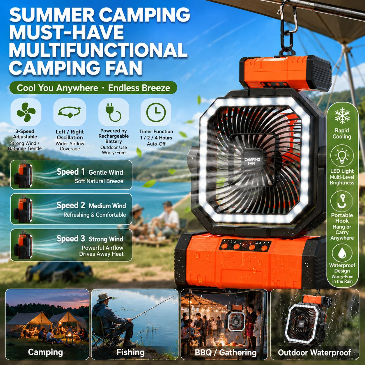 Outdoor Camping Fan 20000mAh Rechargeable Fan with LED Lantern & Remote for Fishing Travel, 4 Speeds 8H Timer, Hanging Hook Bluetooth Fan