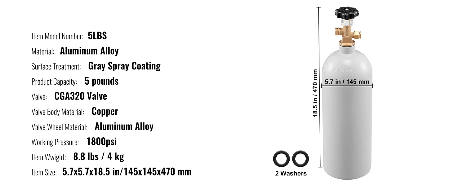 SucceBuy 5 Lbs CO2 Tank Aluminum Gas Cylinder Brand New CO2 Cylinder with Gray Spray Coating CO2 Tank with CGA320 Valve