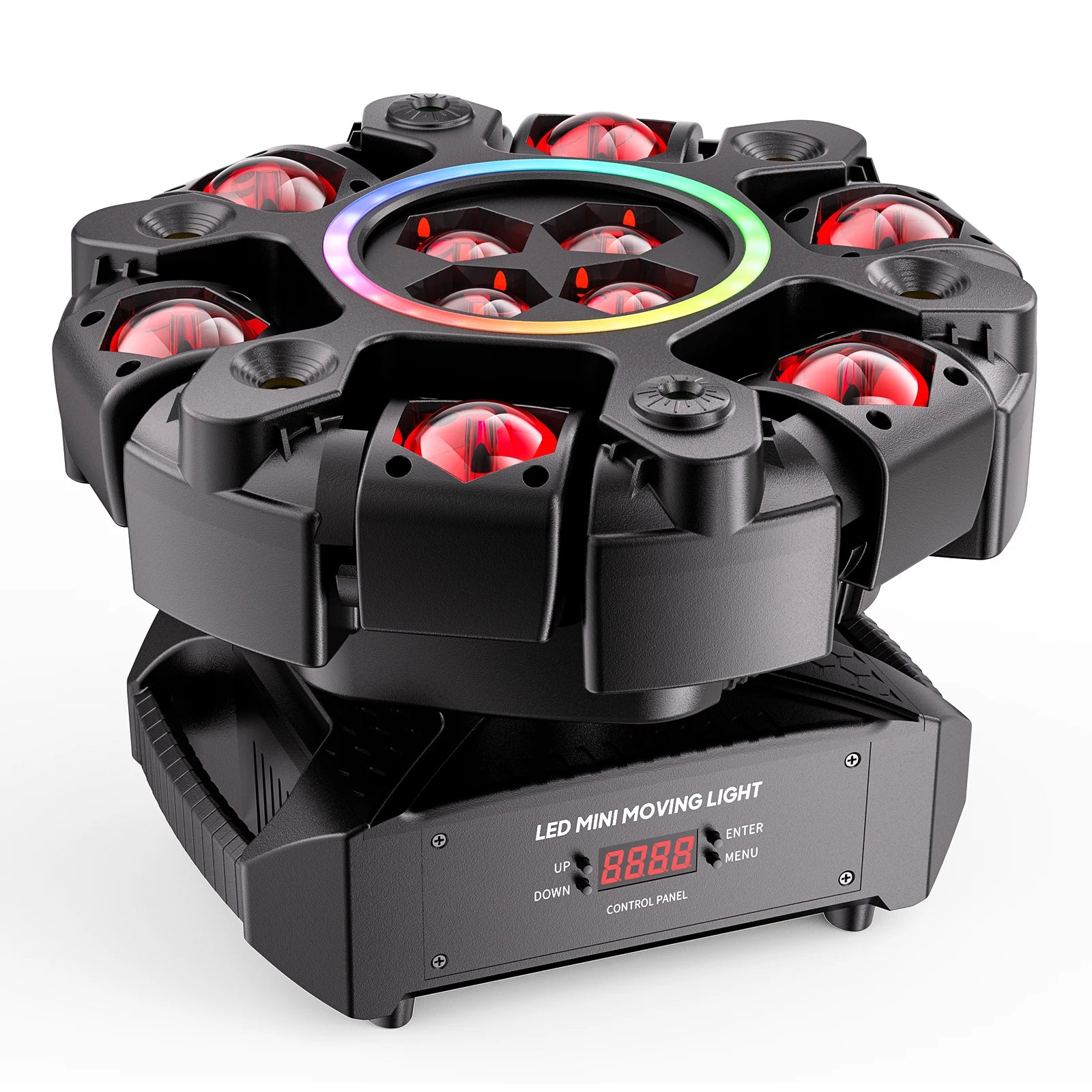 Fieryzeal 150W 6-Arm RGBW Beam Moving Head Light with Strip Effect Stage Light DMX512 Honeycomb Beam Strobe Effect for DJ Party
