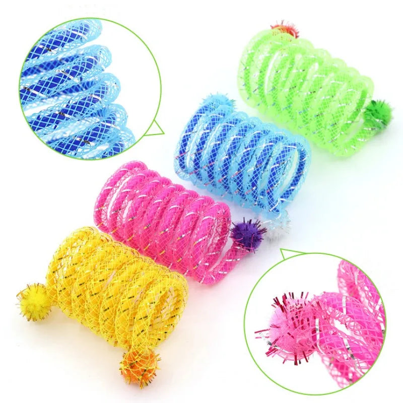 Flexible Spring Mesh Cat Toy with Pom Pom Balls, Colorful Bendable Coil Tube Interactive Kitten Play Toy