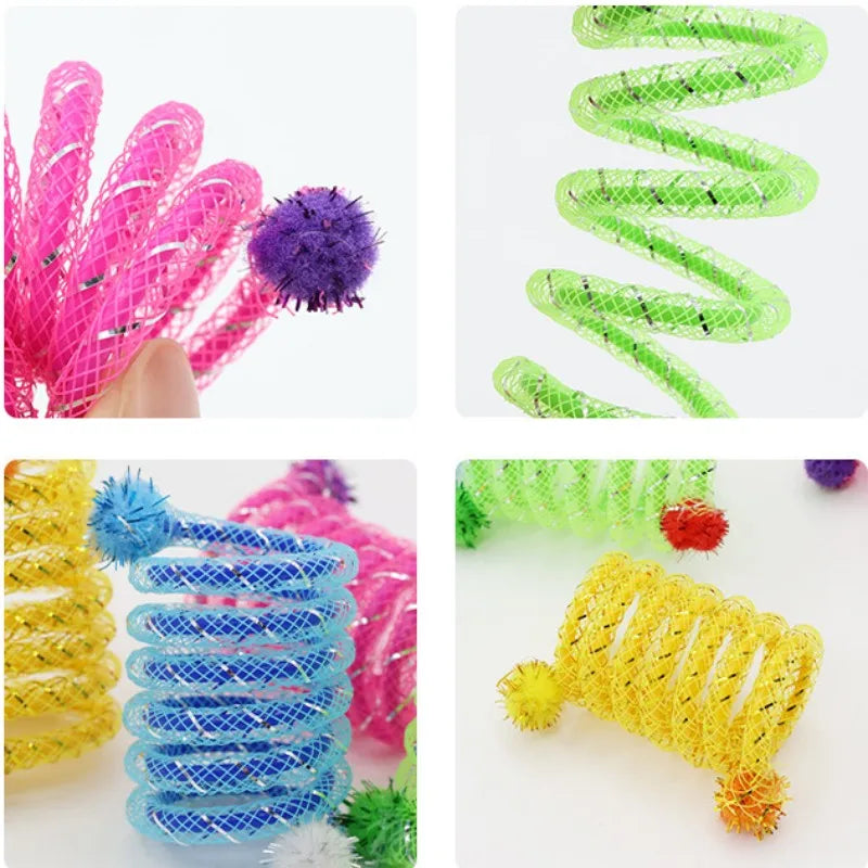 Flexible Spring Mesh Cat Toy with Pom Pom Balls, Colorful Bendable Coil Tube Interactive Kitten Play Toy
