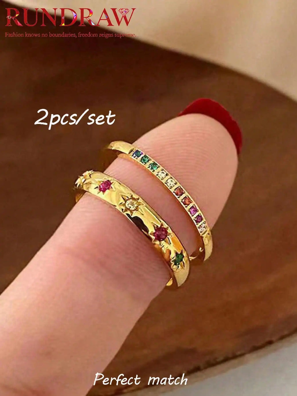 2pcs/Set Colorful Cubic Zirconia Gold-Tone Waterproof Star Rings Set, Jewelry Gift  double rings for friend  jewelry Y2k fashion