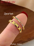 2pcs/Set Colorful Cubic Zirconia Gold-Tone Waterproof Star Rings Set, Jewelry Gift  double rings for friend  jewelry Y2k fashion