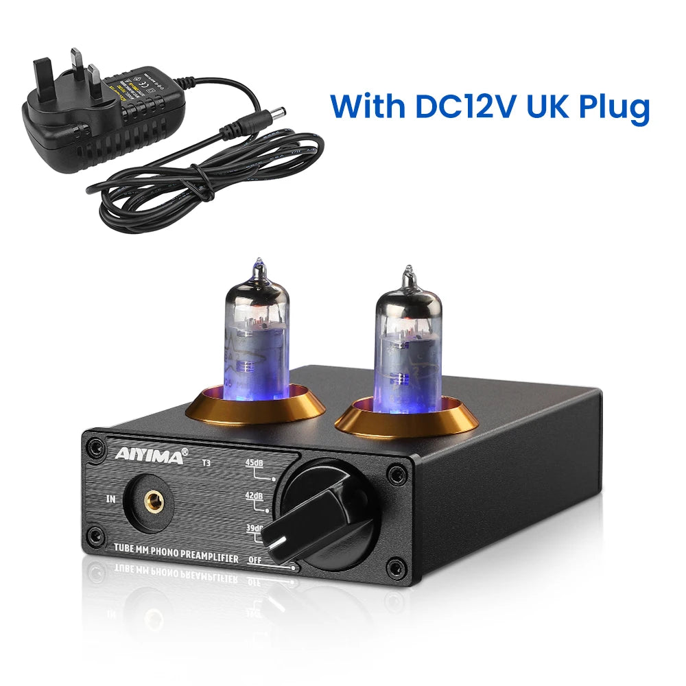AIYIMA T3 HiFi Vacuum 6A2 Tube MM Phono Preamplifier Vinyl Record Player Stereo Tube Pre amp Amplifier Turntable Phonograph 12V