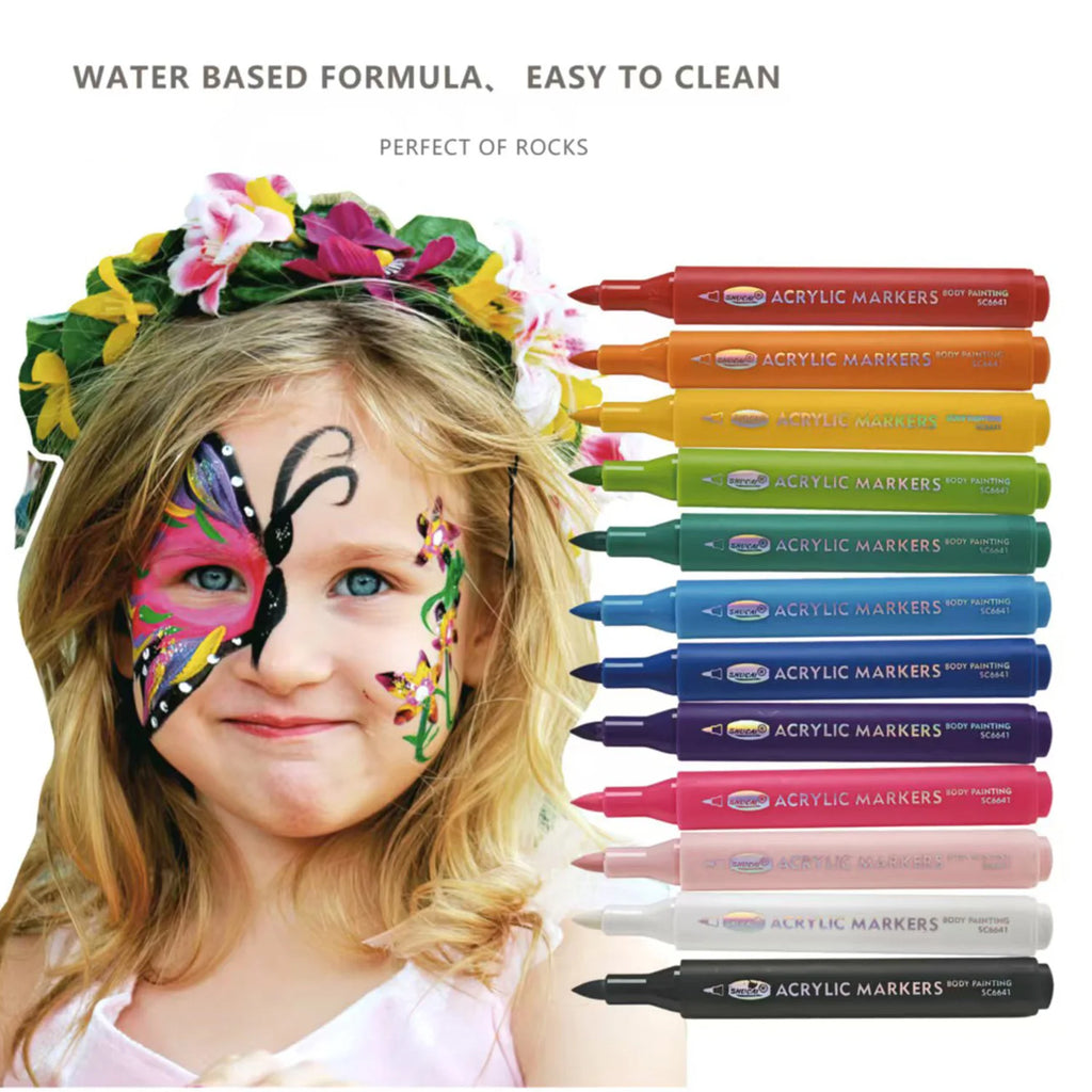 12 PCS Face Painting Markers Water Resistant, Sweatproof, Waterproof Tattoo Pen for Halloween Body Paint - Anti-Smudge for