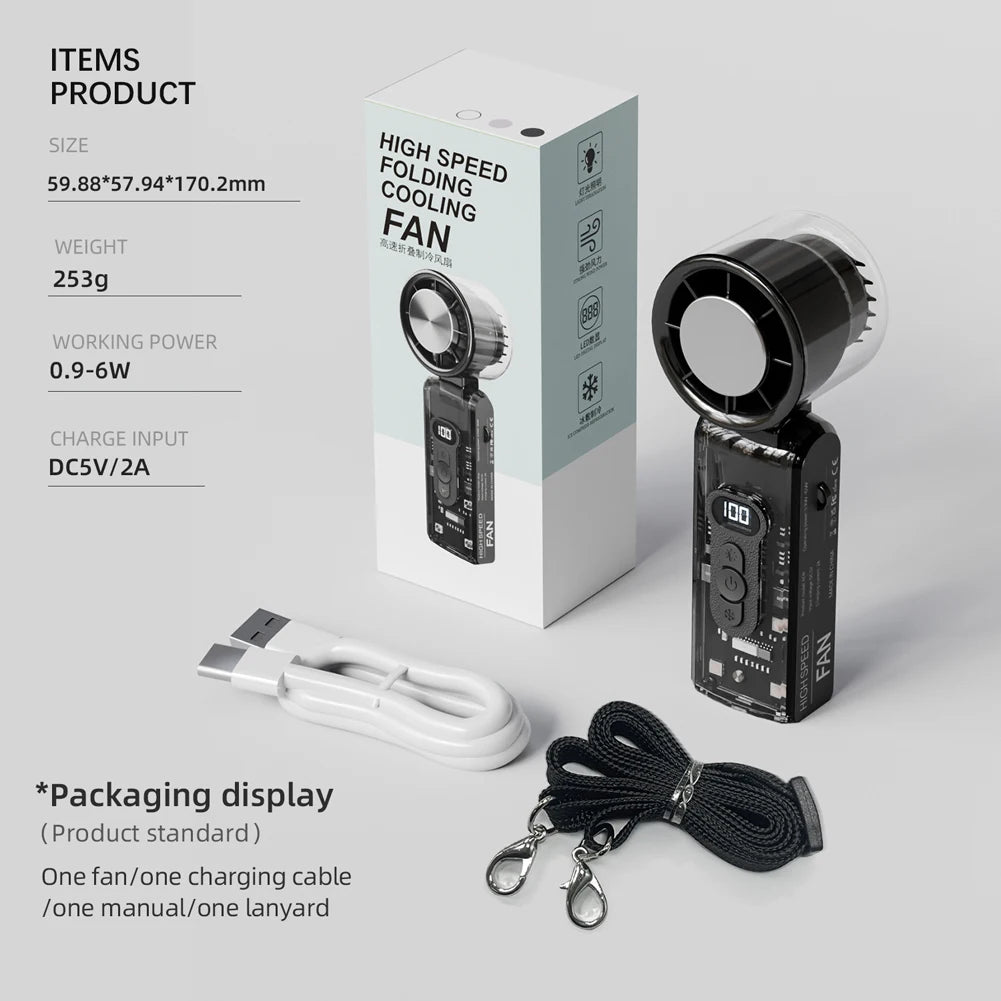High Speed Turbo Fan with LED Light Rechargeable Foldable Personal Cooling Fan LED Display Folding Travel Fan for Outdoor Travel