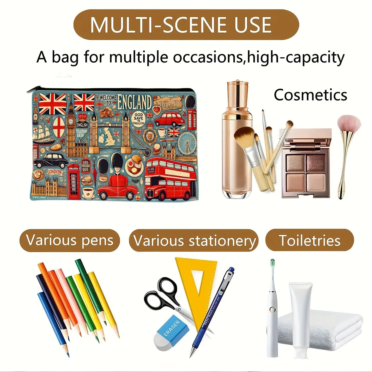 A UK Landmark and Cultural Makeup Bag - Women's Multifunctional Zipper Pouch, Jewelry Storage Bag