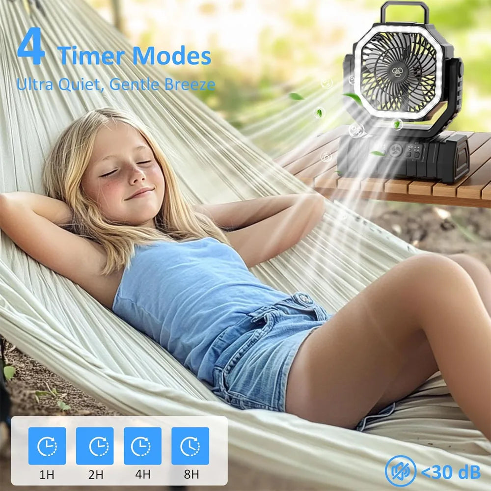 Outdoor Camping Fan 20000mAh Rechargeable Fan with LED Lantern & Remote for Fishing Travel, 4 Speeds 8H Timer, Hanging Hook Bluetooth Fan