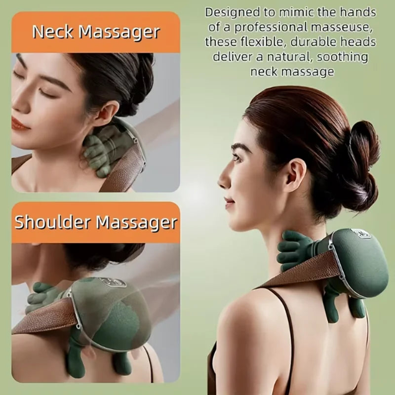 Wireless Bionic Heated Electric Neck and Shoulder Massager with Finger Massager, Portable