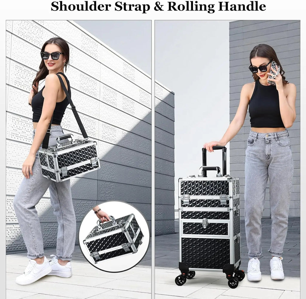 Rolling Makeup Case with Wheels Drawers Large Professional Cosmetology Trolley Case Lockable Travel Cosmetic Storage Train Cases