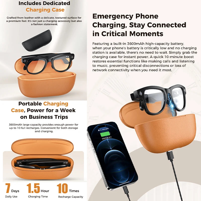 2026 New 32G Memory 800W 4K Camera Smart Glasses Men Photos&Videos 3600mAh Power Bank 120+Languages Translation AI Glasses Women
