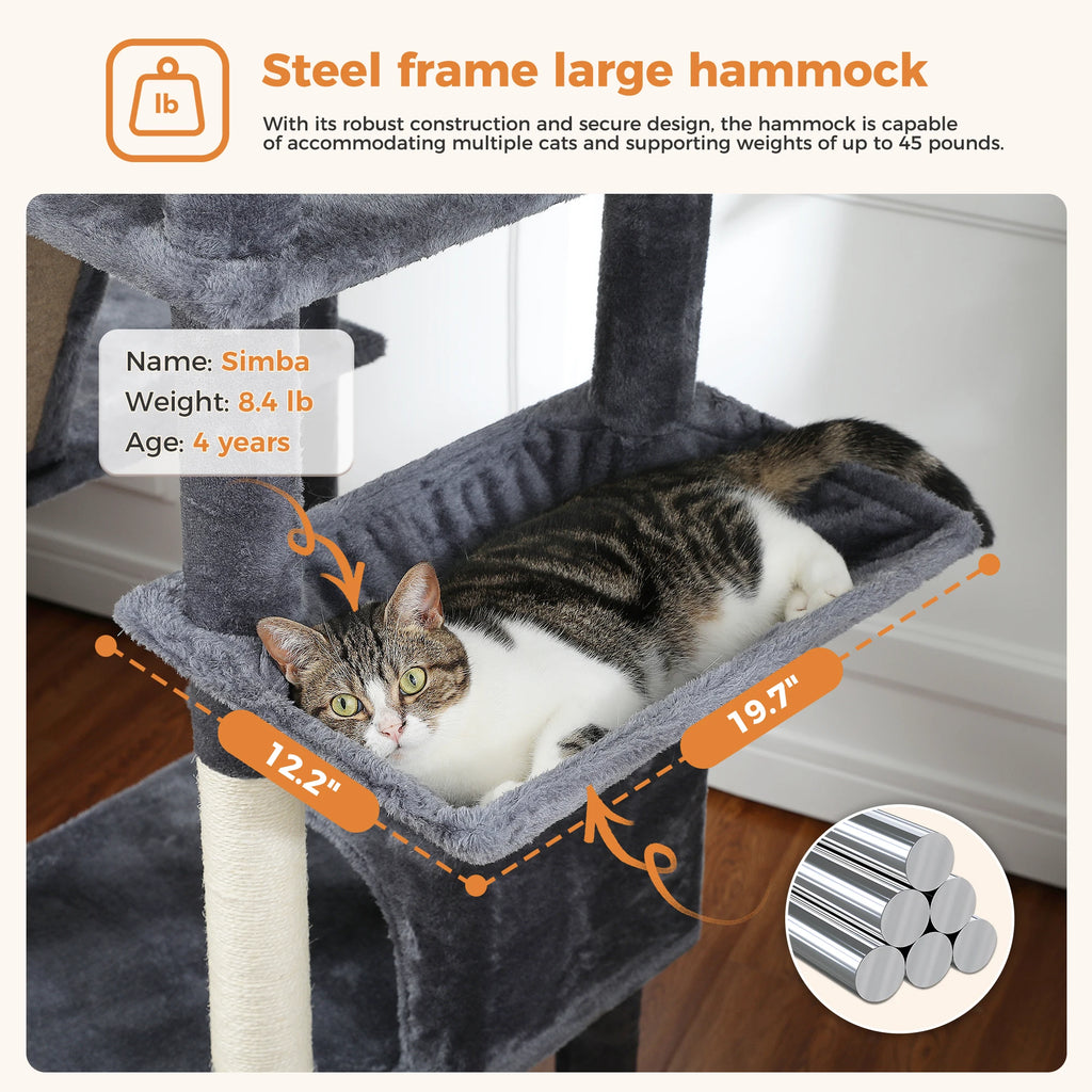Sturdy Multi-Level Cat Tree Tower with Natural Sisal Scratching Posts,Cozy Hammock&Condo, Large Top Perch, and Fun Dangling Ball