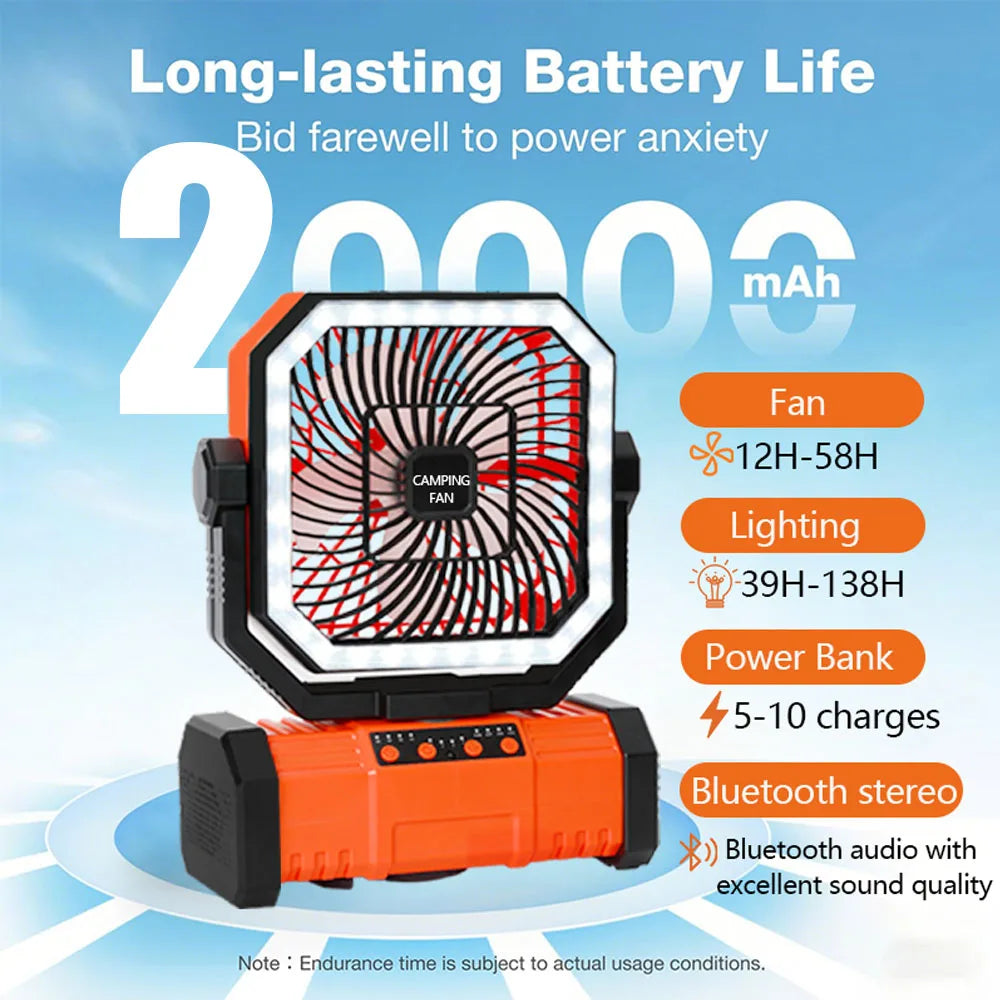 Outdoor Camping Fan 20000mAh Rechargeable Fan with LED Lantern & Remote for Fishing Travel, 4 Speeds 8H Timer, Hanging Hook Bluetooth Fan