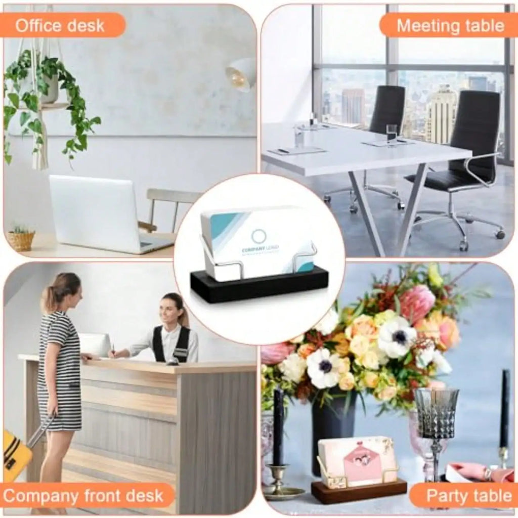2 Pieces Wood Business Card Holder For Desk Wooden Business Card Display Stand Postcard Holder For Office Home Desktop Black, Silver