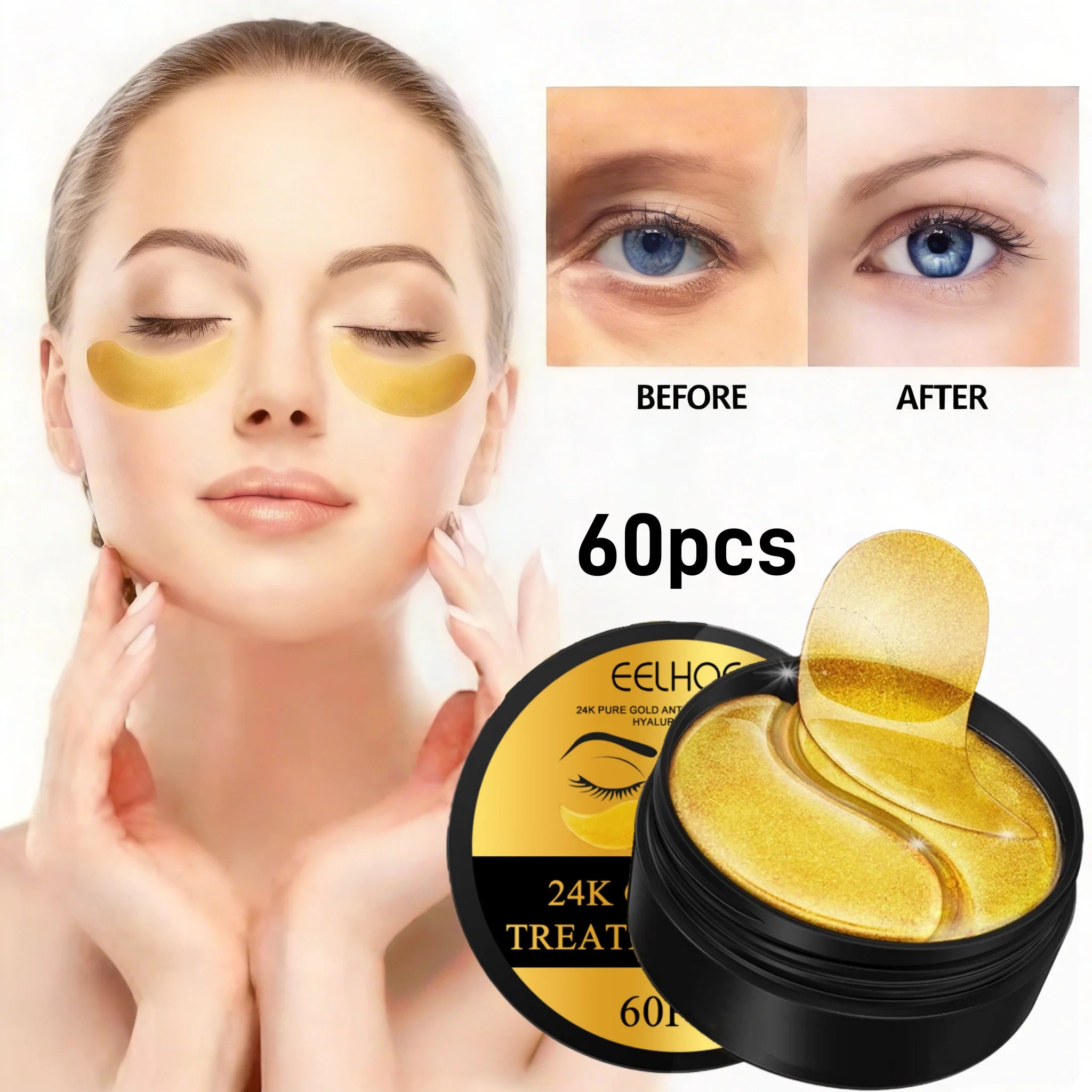 24k Gold Under Eye Patches Pure Gold Anti-Aging Under Eye Mask Removal Eyebags Moisturizing Firming Eye Patches Anti Dark 60pcs