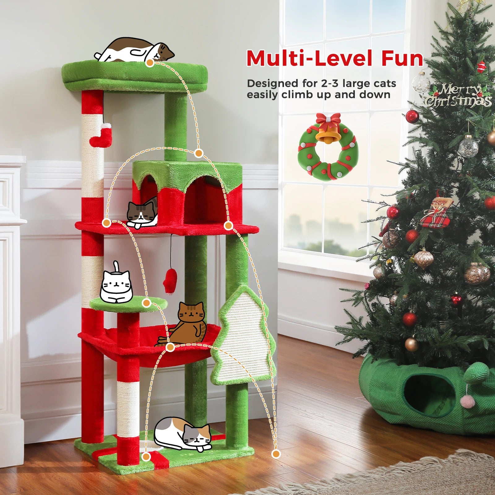 Christmas Cat Tree with Sisal Scratching Posts Spacious Condo Hammock Tall Large Cat Tower for Indoor Cat House Bed Cat Toys