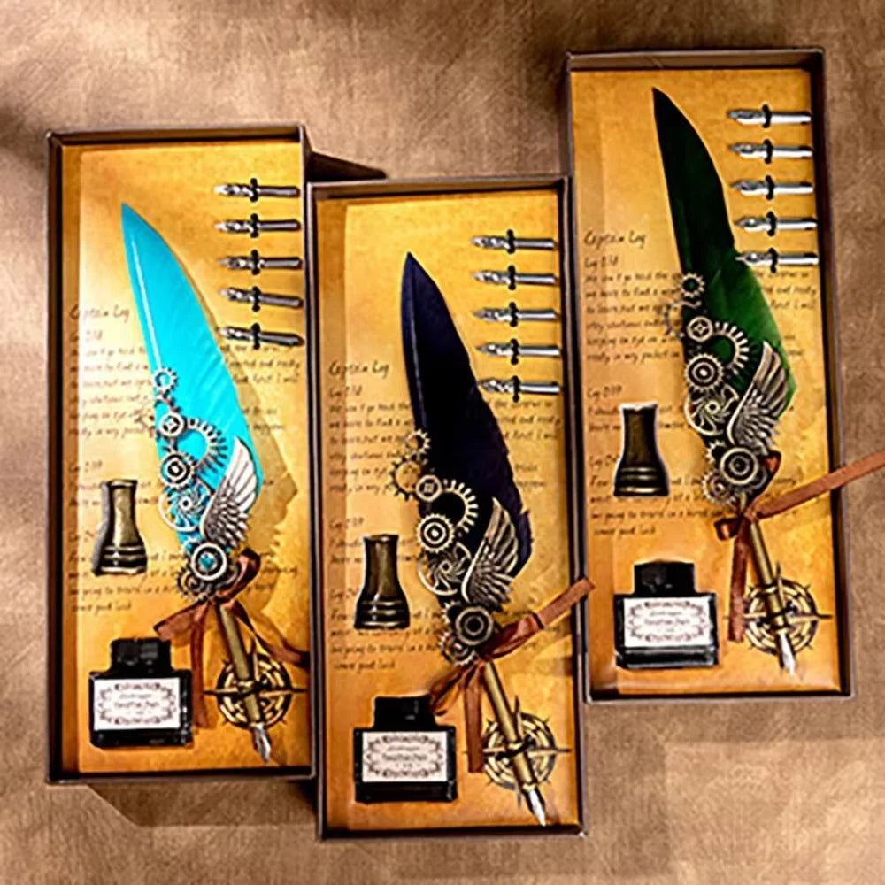 Retro Vintage Calligraphy Feather Dip Pen Fountain Pens Writing Ink Set Creative Stationery Quill Pen Art Supplies Crafts Gifts