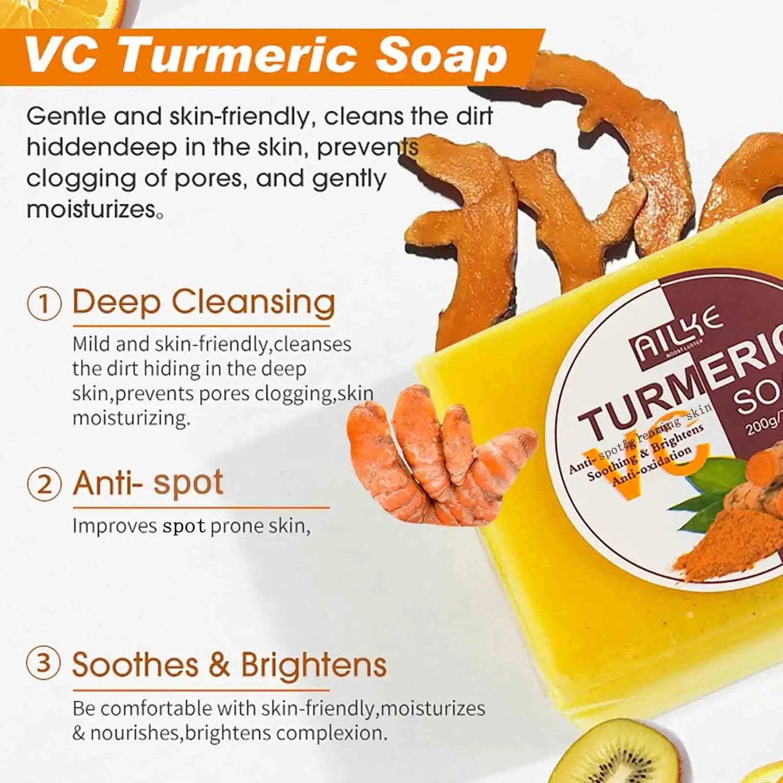 AILKE Natural Turmeric Bath Soap for Face, Body, Hands, Lightening, Cleaning, Even Skin Tone, Anti Dark Spots and Acne, 200g