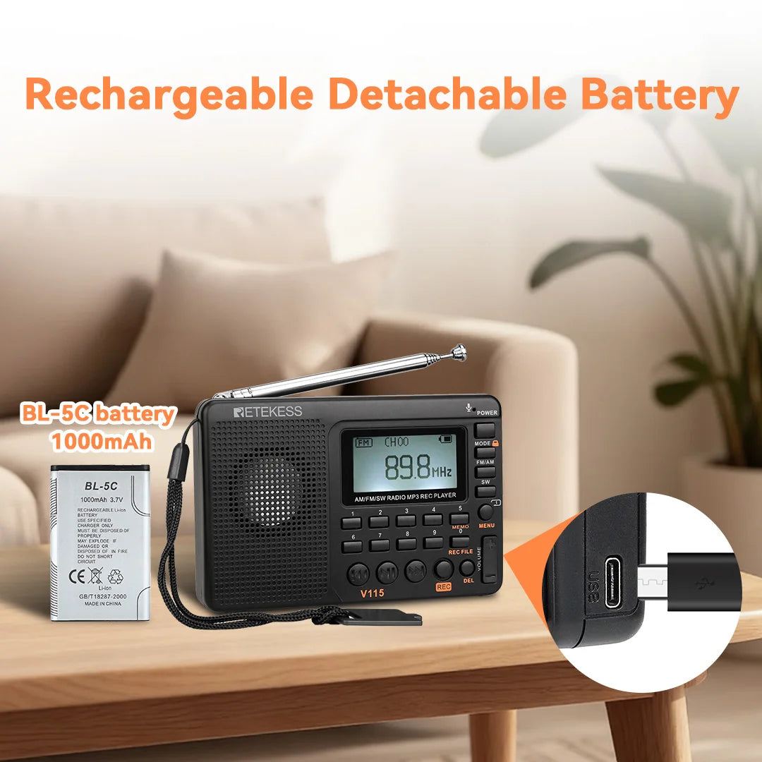 RETEKESS V115 Portable Radio Rechargeable AM FM SW Radio Multifunctional Radio Long Distance Receiver Clear Sound for Camp Gift