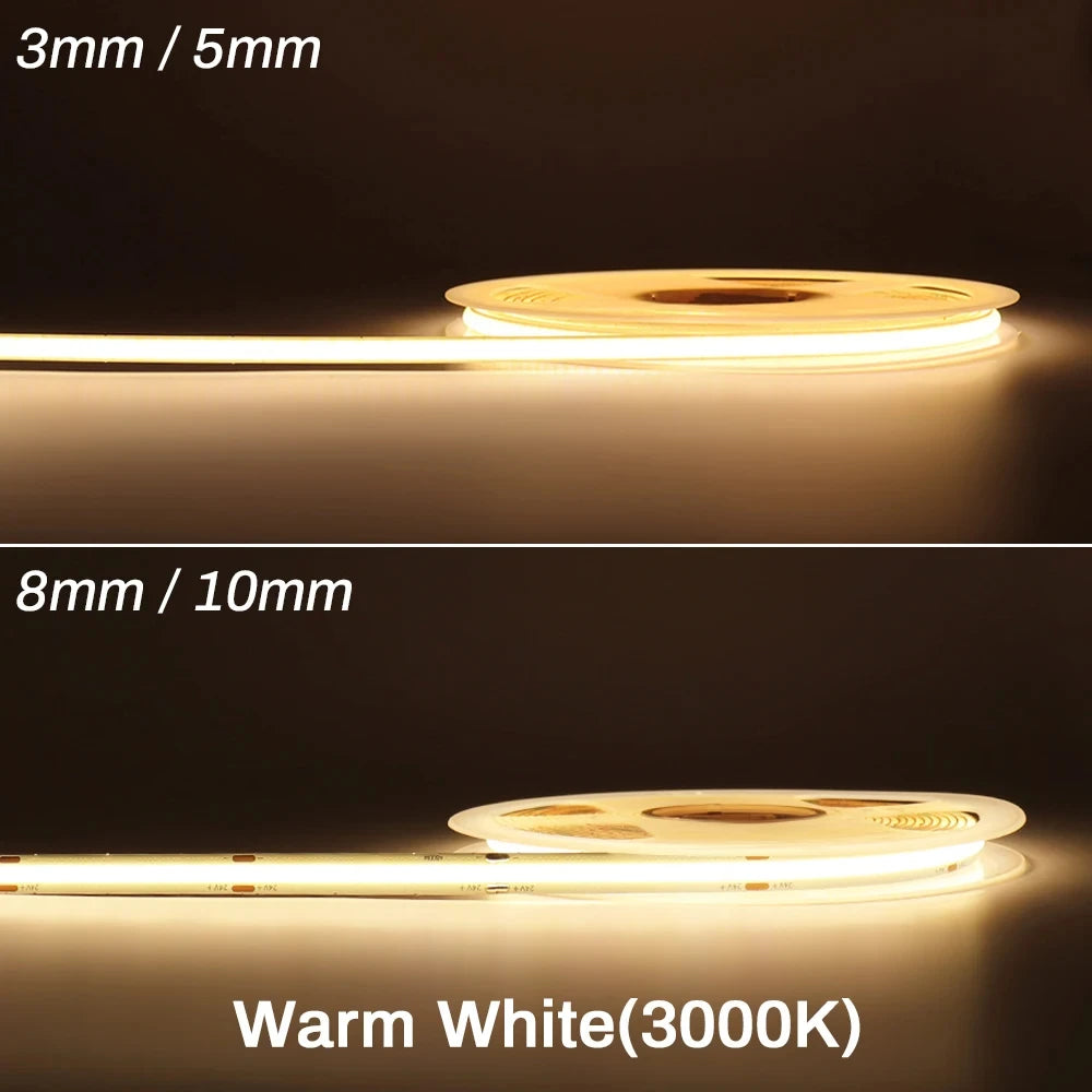 3mm 5mm 8mm COB LED Strip 12V 24V Dimmable Tape LED Ice Blue Yellow Red Green Pink White For Home Decor RA90 LED Strip Lighting