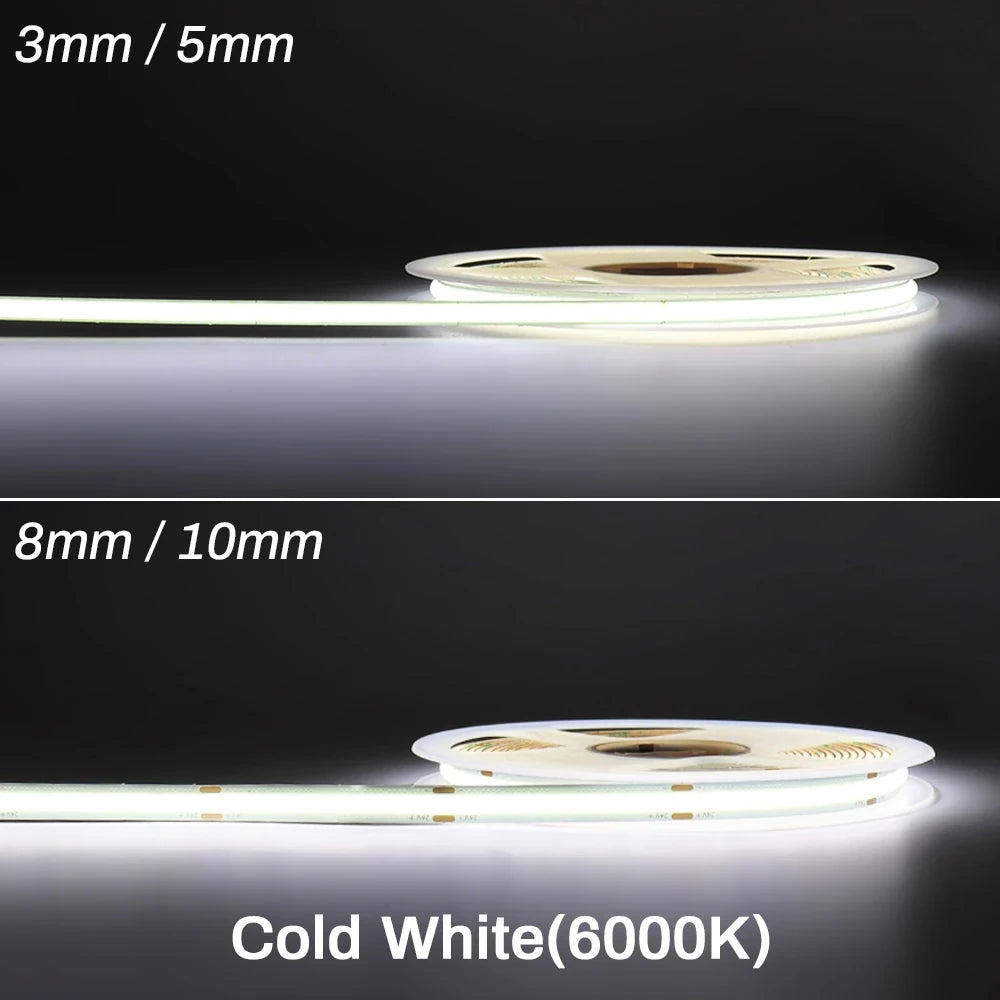 3mm 5mm 8mm COB LED Strip 12V 24V Dimmable Tape LED Ice Blue Yellow Red Green Pink White For Home Decor RA90 LED Strip Lighting