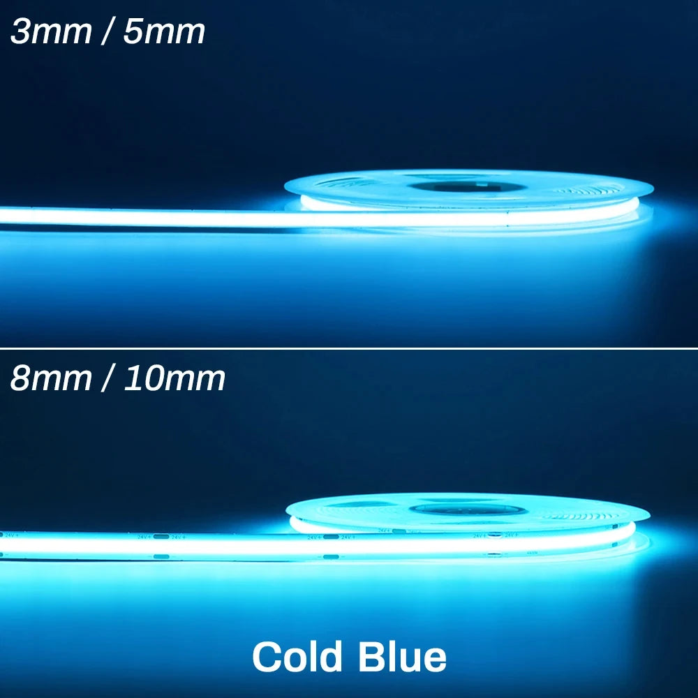 3mm 5mm 8mm COB LED Strip 12V 24V Dimmable Tape LED Ice Blue Yellow Red Green Pink White For Home Decor RA90 LED Strip Lighting