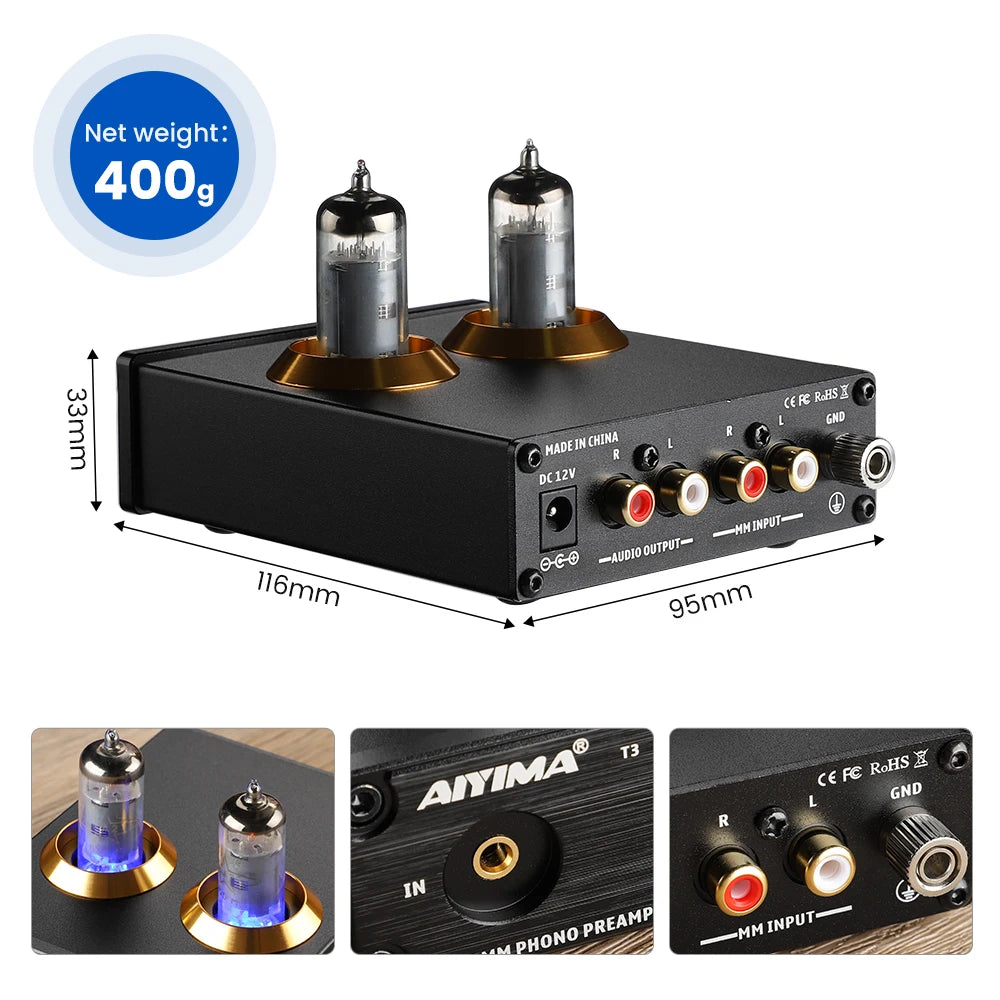 AIYIMA T3 HiFi Vacuum 6A2 Tube MM Phono Preamplifier Vinyl Record Player Stereo Tube Pre amp Amplifier Turntable Phonograph 12V