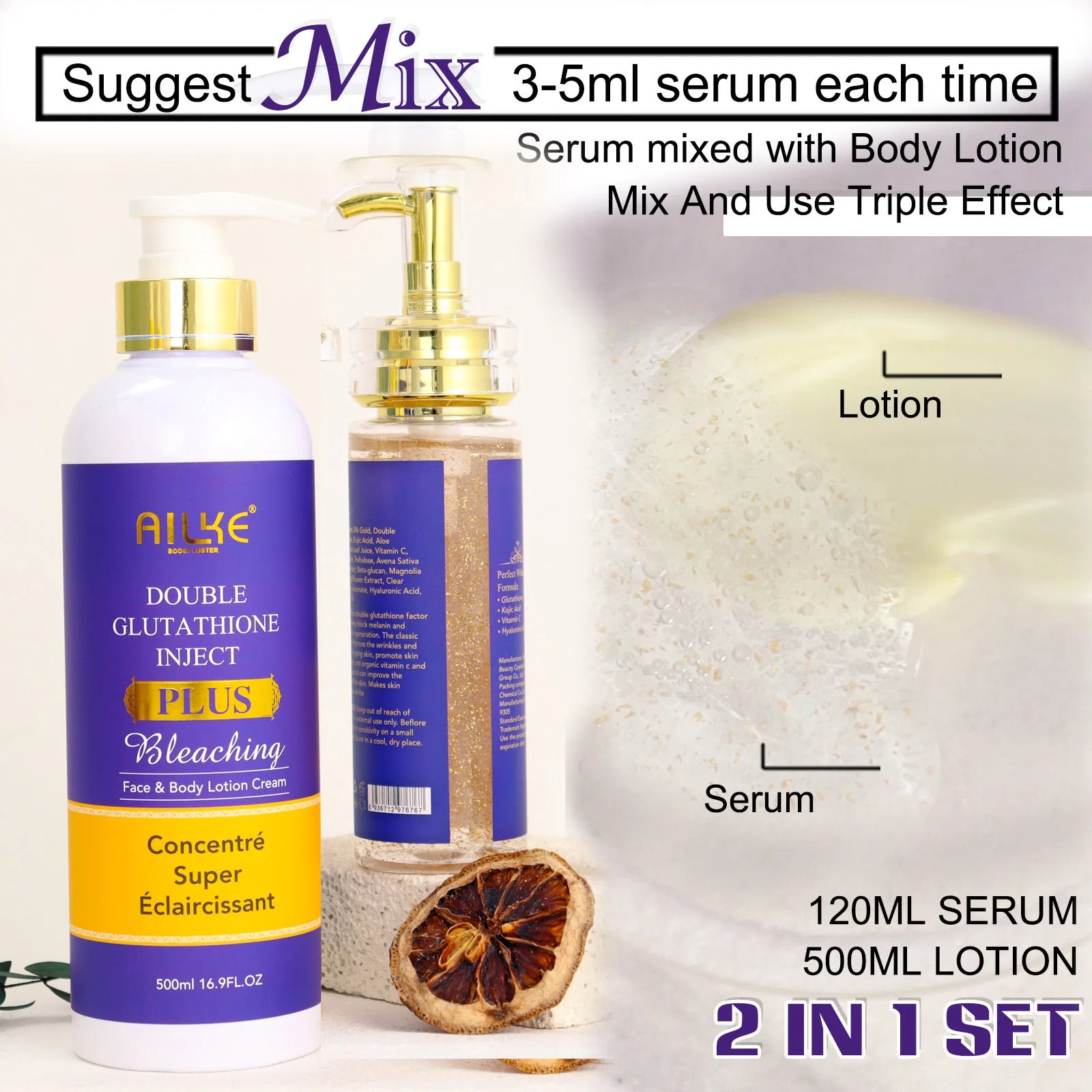 AILKE Double Glutathione Whitening Set For All Skin Types, Reduce Dark Spots, Melanin, Freckles, Chloasma, Even Skin Tone