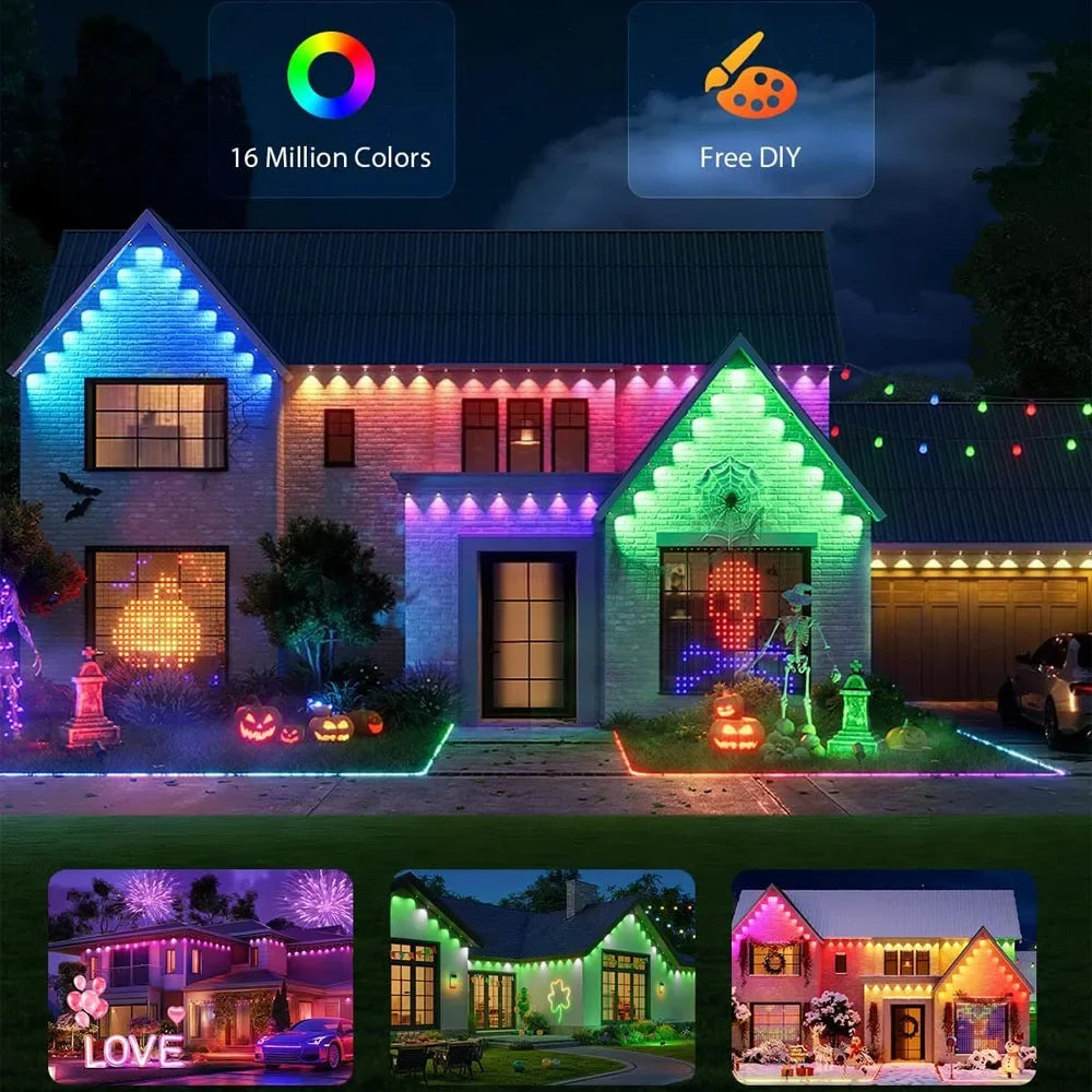 Smart RGBIC Eaves Lights Permanent Outdoor Lights Outdoor Christmas LED Light Strings with APP Remote Control IP67 Waterproof