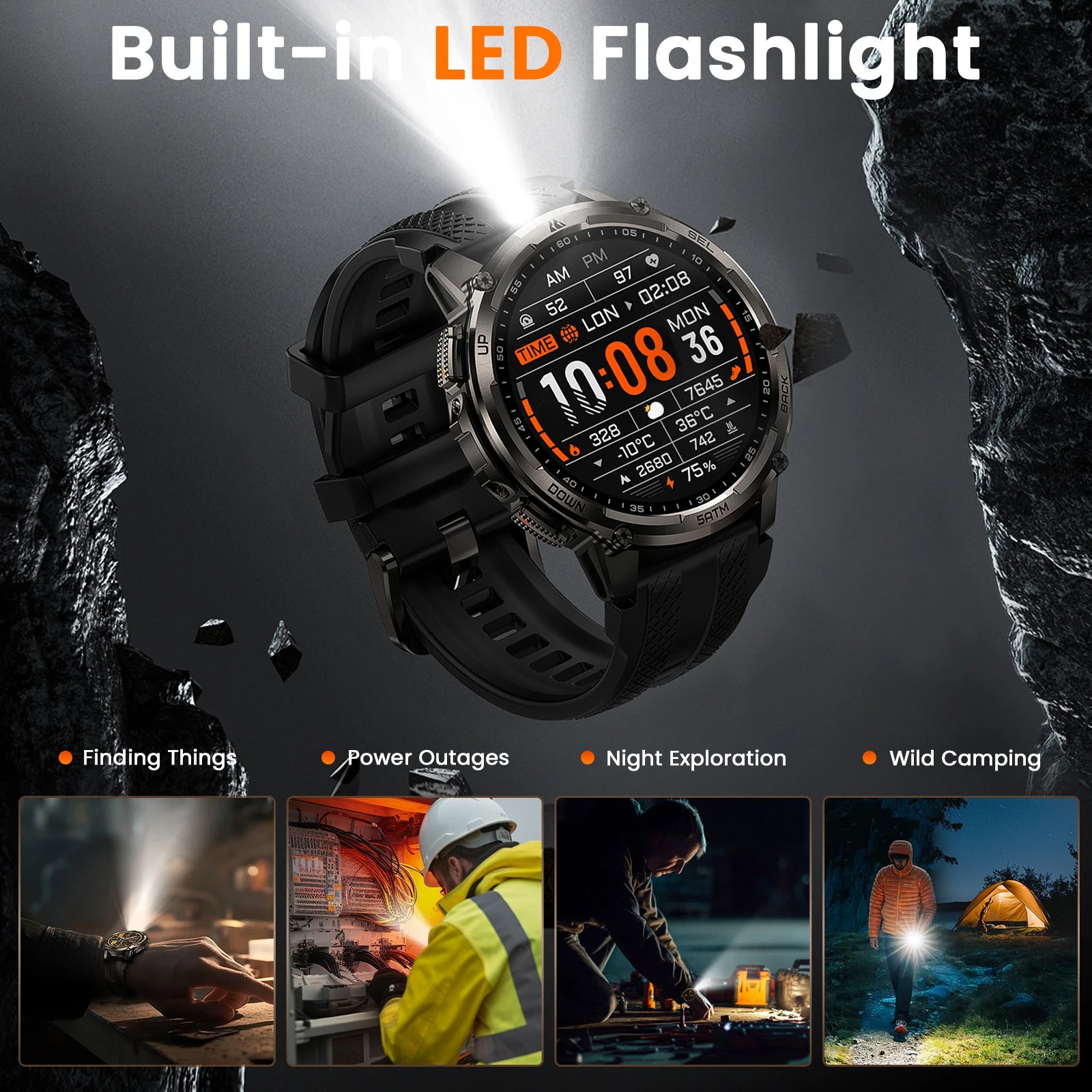 KOSPET TANK T4C Smartwatch Men’s Outdoor Rugged Watch with Flashlight Dual‑Band GPS 50M Waterproof Fitness & Health Tracker