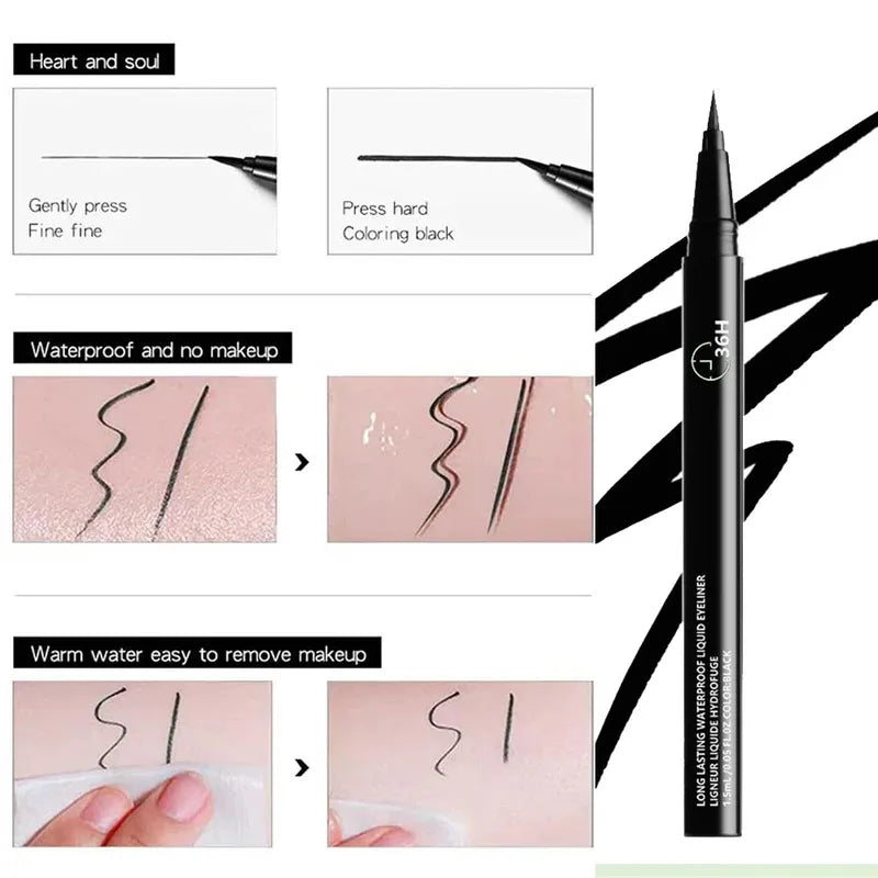 36-Hour Lock & Lasting Liquid Eyeliner Pencil Waterproof Black Ink Pen Smudge-Free Matte Quick-dry Eye Liner Smooth Cosmetics