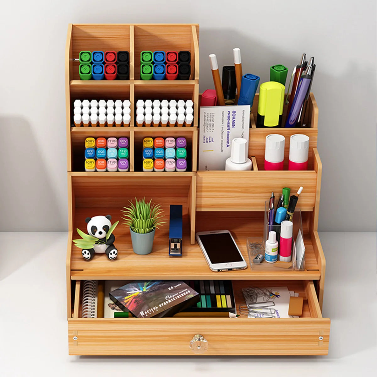 Simple Wooden Pen Holder Storage Box Student Stationery Storage Shelf With Drawer Suitable for Multi Scene Study Rooms Offices