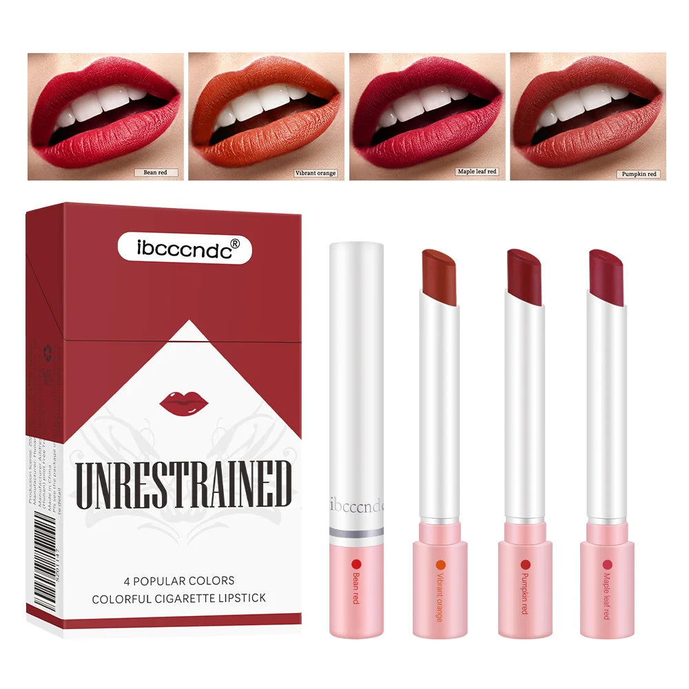 4 Colors Cigarette Shaped Lip Gloss Set Matte Velvet High Pigment Waterproof Long Lasting Non Transfer Portable Mini Lip Makeup Cosmetic
