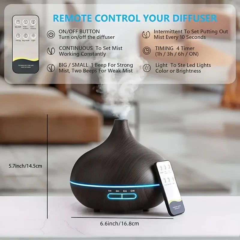 Diffuser For Home Wood Grain Aroma Diffuser with Remote Control Timer  6 Oil Set - 550ml Cool Mist Humidifier for Large Room