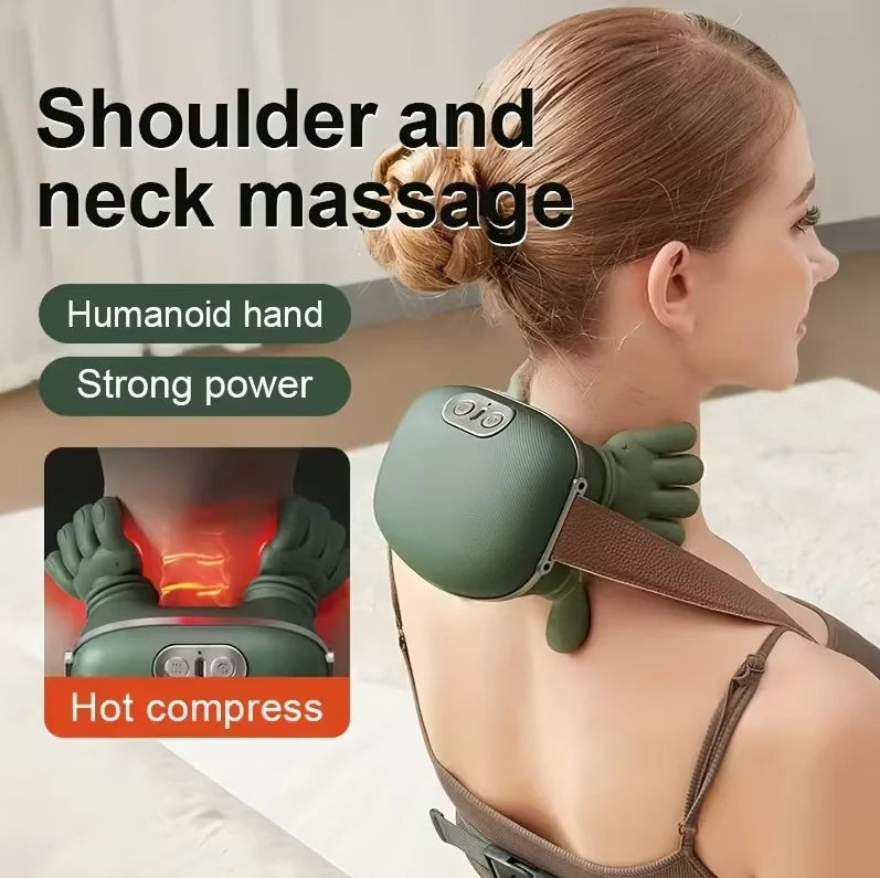 Wireless Bionic Heated Electric Neck and Shoulder Massager with Finger Massager, Portable