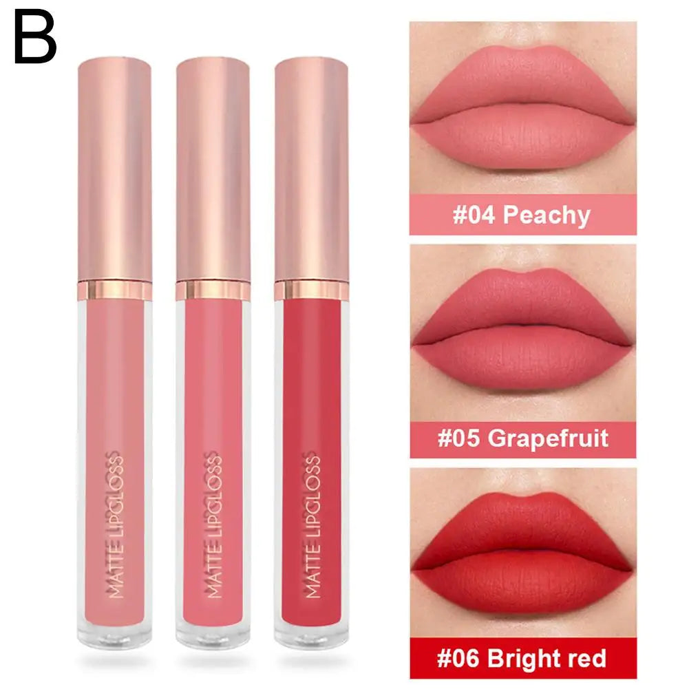 3pcs/set Nude Lip Gloss Matte Velvet Lipstick Waterproof Long-lasting Liquid Lipstick Women Moist Lip Tint Non-Stick