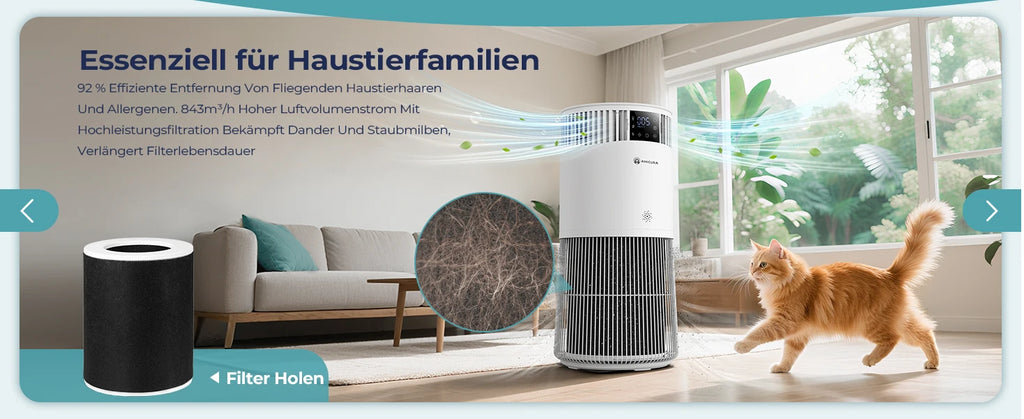 Amicura P2 Air Purifier for Pet Allergy Sufferers 843 m³/h Pet Hair Removal 450 CADR 99% Odour Neutralisation H13 Filter Against