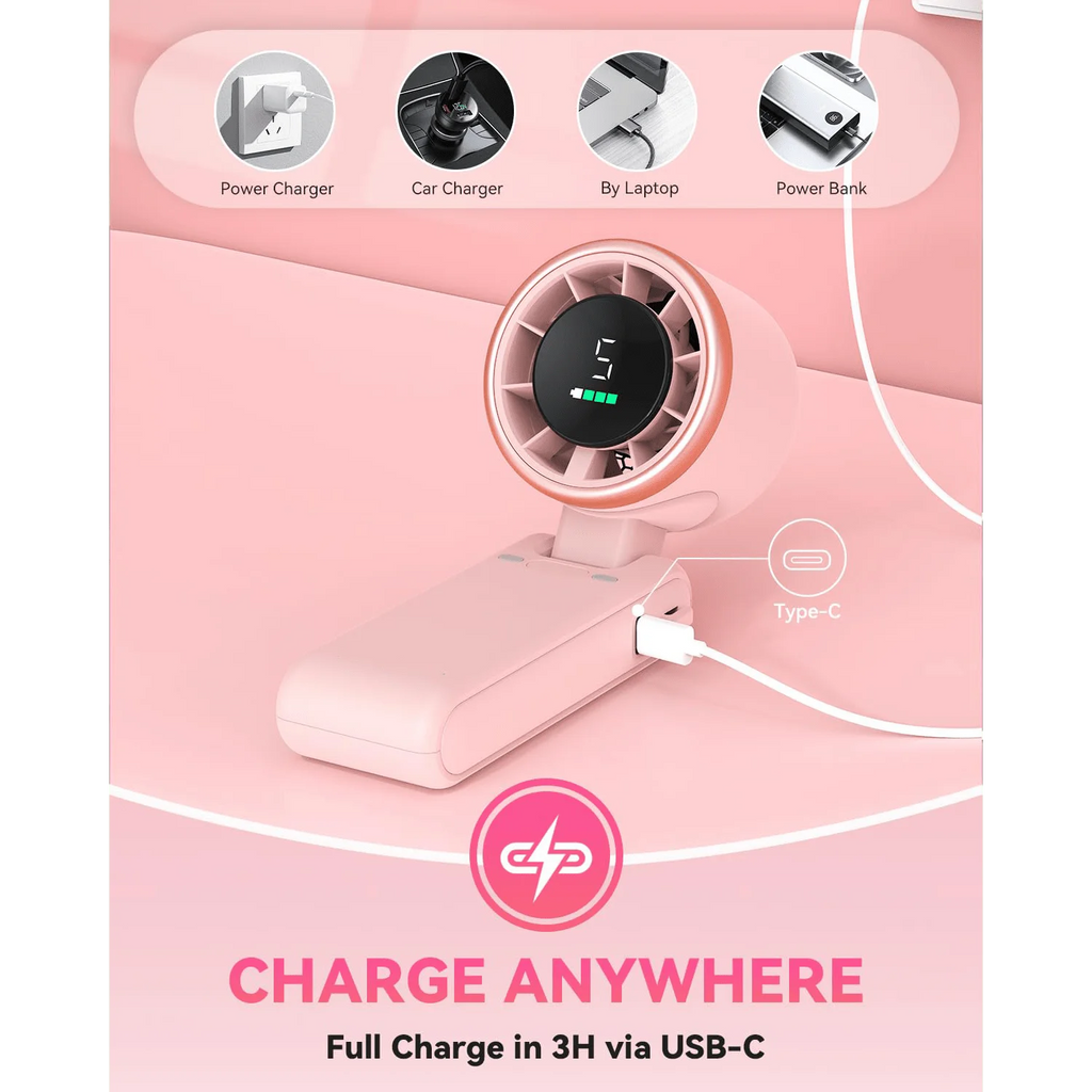 Portable Handheld Turbo Fan, 5000mAh Battery Operated, Up To 12 Working Hours, 5 Gear Wind, LED Display, 180-Degree Foldable, 3-In-1 Hand Fan, Rechargeable Stylish Fan With Air-Turbo-Tech Cooling For Outdoor Activities, Trave