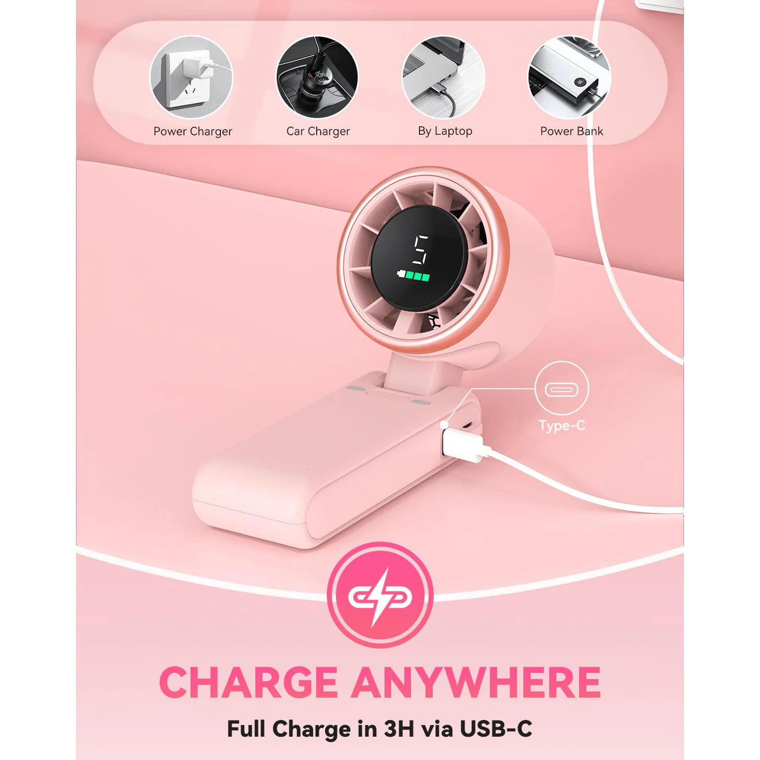 Portable Handheld Turbo Fan, 5000mAh Battery Operated, Up To 12 Working Hours, 5 Gear Wind, LED Display, 180-Degree Foldable, 3-In-1 Hand Fan, Rechargeable Stylish Fan With Air-Turbo-Tech Cooling For Outdoor Activities, Trave