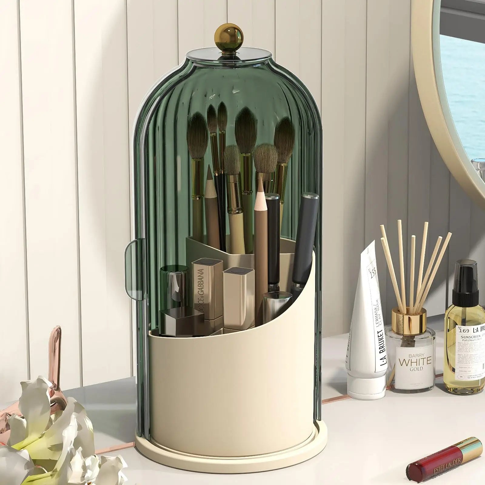 YOOLENS Makeup Brush Holder Organizer with Lid,360 Rotating Clear Dustproof Makeup Brushes Organizer for Vanity Desktop Bathroom